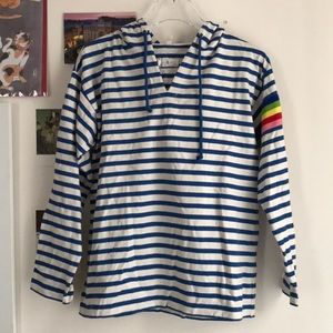 Lou & Grey White and Blue Striped Hooded Pullover with Rainbow Sleeve Detail